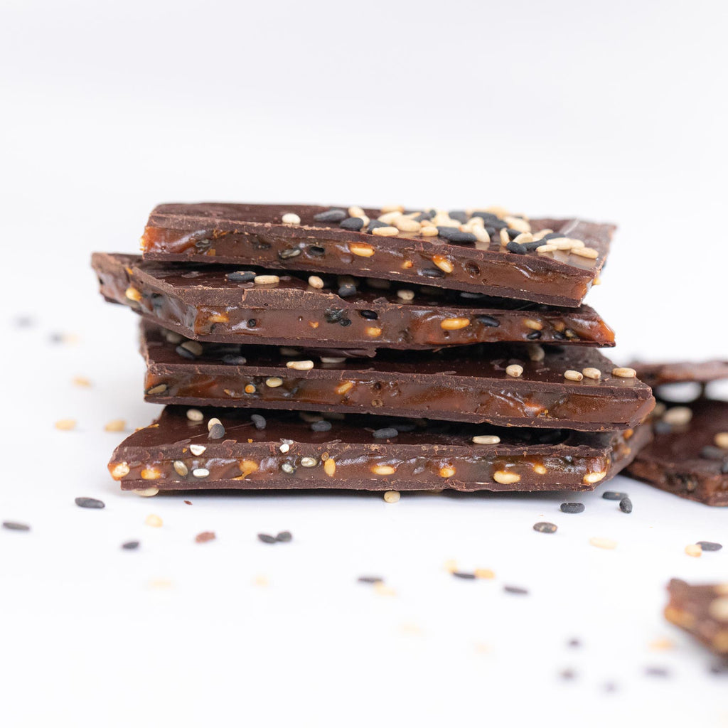 mouthwatering stack of black sesame seed brittle from Creo Chocolate